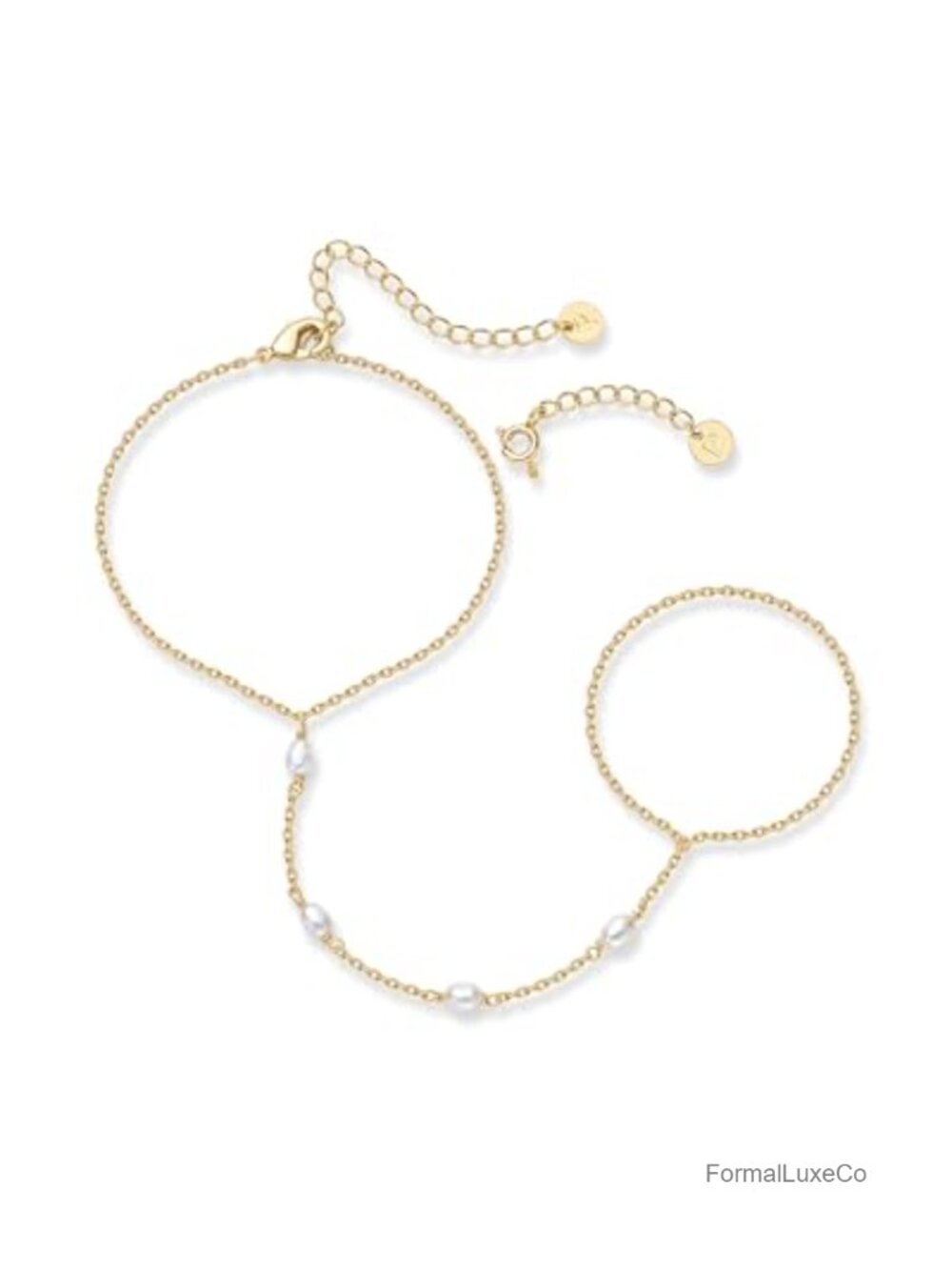 14K Gold Plated Hand Chain Bracelet and Ring with Pearls